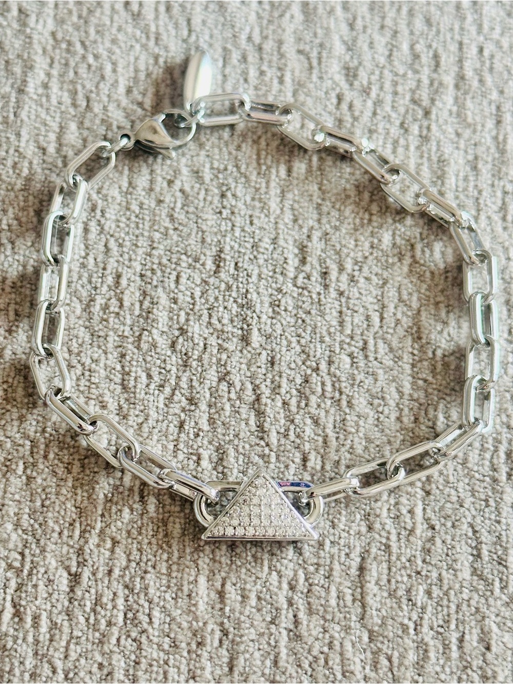 Silver Tone Paperclip Link Pavé Crystal Triangle Bracelet